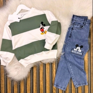 Комплект с дънки и блузка с апликация на Мики - 2 части